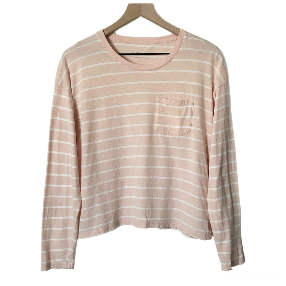 Everlane Pink White Striped Long Sleeve Pocket Tee Shirt Size Small